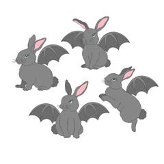 Set of cute cartoon grey Easter bunnies with bat wings in a spooky but whimsical Halloween and Easter mashup vector illustration isolated on white. Perfect for quirky holiday cards, party invitations
