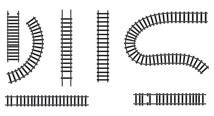 Railway Tracks Collection Straight Curved and Perspective Views in Black Silhouette
