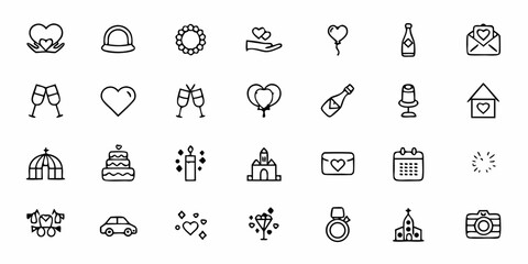 A romantic and stylish icon set designed for weddings, engagements, and milestone celebrations. Perfect for bridal shops, event stationery, and online invitations
