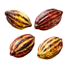 Four cacao pods arranged in a symmetrical pattern.  Each pod displays a complex interplay of brown, red, and yellow hues,  with intricate, ridged textures