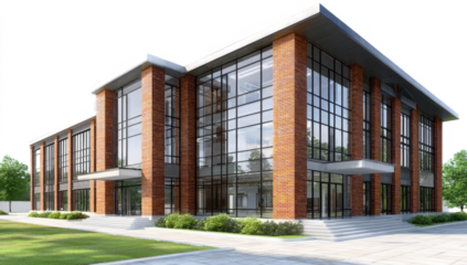 A modern university, college, or school building featuring classic architecture, isolated on a transparent background, perfect for academic and educational use.