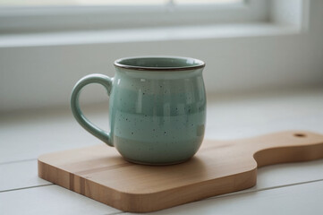  Speckled turquoise ceramic mug on wooden board over white table with soft natural light creating warm rustic atmosphere