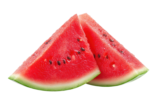 Two triangular watermelon slices, vibrant red, seeds visible
