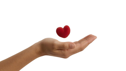 Fototapeta premium Empathy and Care: A delicate red heart hovers above a hand, symbolizing compassion, charity, and the gift of giving.