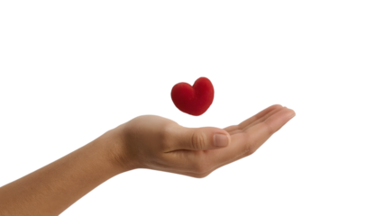 Empathy and Care: A delicate red heart hovers above a hand, symbolizing compassion, charity, and the gift of giving.