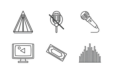 Audio & Video Web Icon Set. -a metronome, a microphone, a movie ticket,  a music equalizer bar  and more.  vector illustration