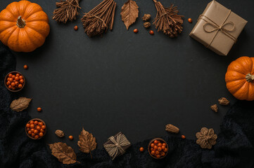 Autumn flat lay with pumpkins dried leaves cinnamon sticks berries gift box and lace on dark matte background