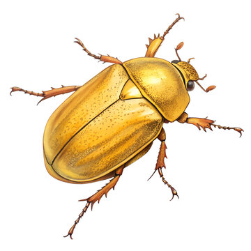 A detailed illustration of a golden beetle with shiny exoskeleton and intricate textures. The background is black, highlighting the beetle's features.