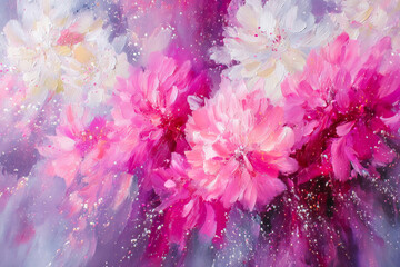 Abstract painting of vibrant pink and white flowers with dynamic brushstrokes and splashes of color