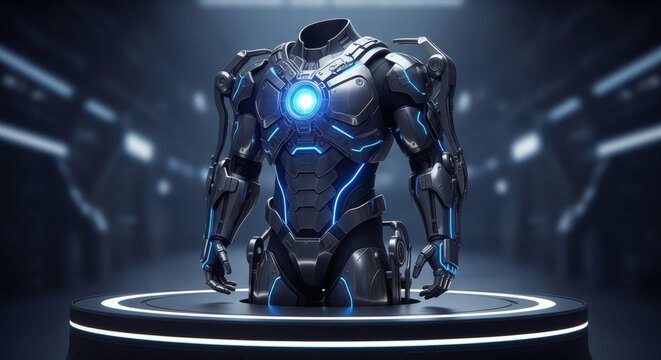 Sleek, futuristic robotic torso displayed on a circular platform in a dark, technological setting.