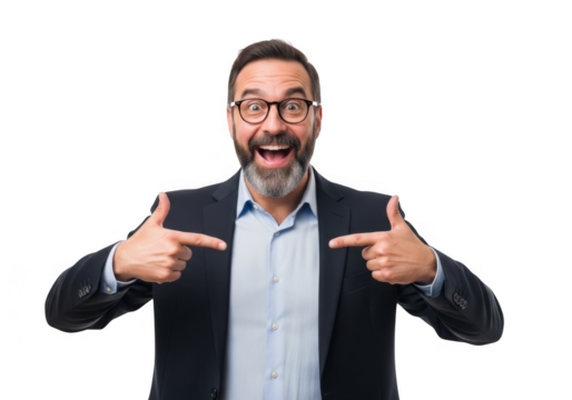 Excited man points to himself isolated on transparent background