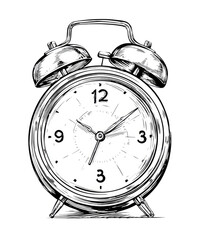 Vintage alarm clock, black and white graphic.  A classic alarm clock with two bells, rendered in a detailed, sketched style. 