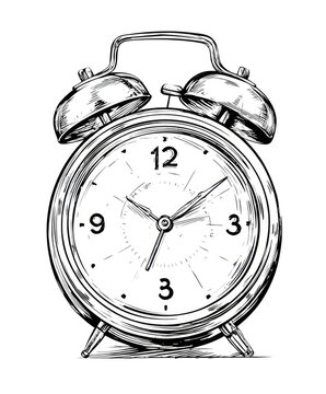 Naklejki Vintage alarm clock, black and white graphic.  A classic alarm clock with two bells, rendered in a detailed, sketched style. 