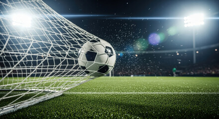 A soccer ball in a goal net in a stadium under spotlight 