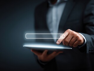 businessman in a suit using a tablet with a virtual search bar overlay, representing online search and digital business solutions. -