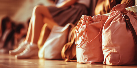 Several gym bags rest beside the legs of students sitting on a bench, warm sunlight casting a soft glow, creating a casual school sports atmosphere.