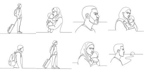 Set of 8 migrant profile SVG icons, one line style, minimal outline, transparent background
