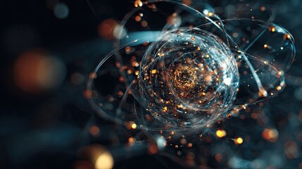 An abstract digital illustration of an atom with a glowing nucleus and orbiting particles of light.