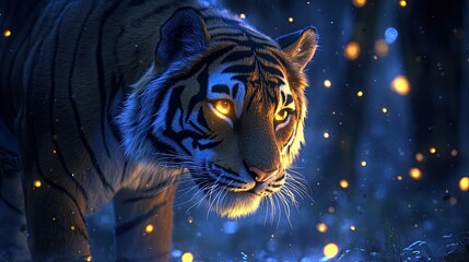 Content related to cartoons or animal-themed animations Majestic Tiger Stalking in Enchanted Forest with Glowing Lights