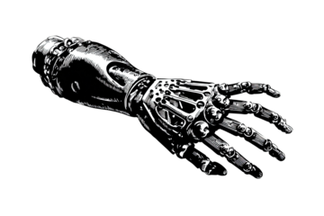 Metallic robotic arm, intricate design