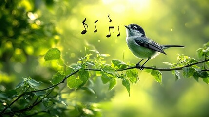 Content related to cartoons or animal-themed animations Singing Bird on Branch Surrounded by Green Leaves in Nature