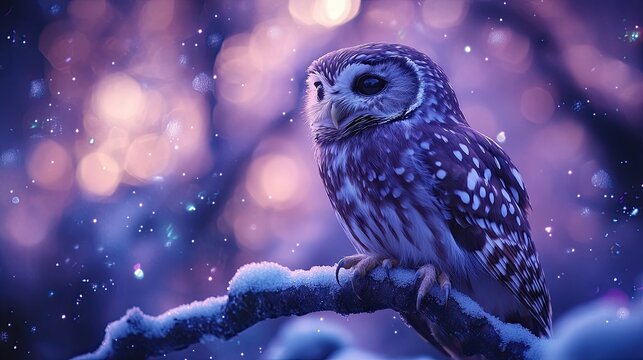 Content related to cartoons or animal-themed animations Majestic Owl Perched on Snowy Branch Amidst Sparkling Winter Scene