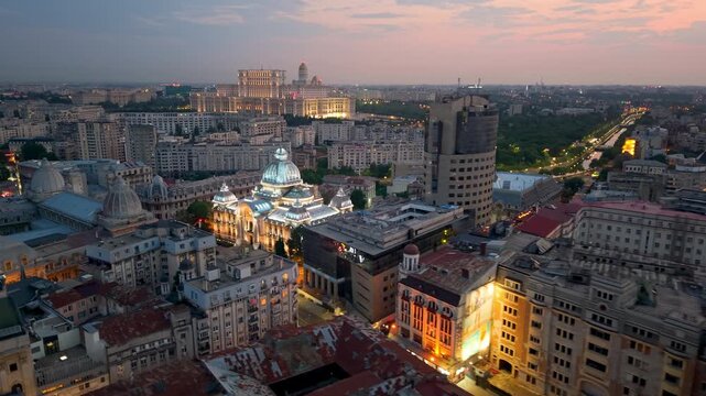 Bucharests Cityscape at Dusk A Stunning Display of Illuminated Architectural Marvels and Beauty. Romania