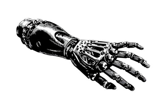 Metallic robotic arm, intricate design