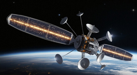 A futuristic satellite with large solar panels and multiple antennas orbits Earth, showcasing advanced space technology against a starry backdrop.