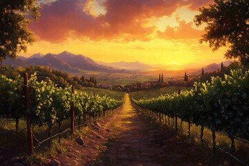 Naklejka premium beautiful, dreamy painting of a vineyard at sunset, with rows of lush grapes stretching into the distance