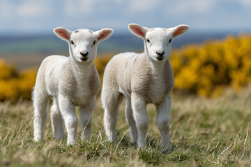 Fototapeta premium Two adorable lambs standing side by side, gazing directly at the viewer in a serene outdoor setting. The lambs have soft, fluffy white coats and their innocent expressions convey a sense of peace. 