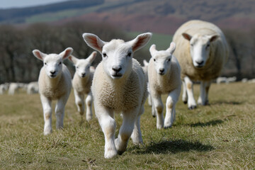 Fototapeta premium A flock of sheep and lambs grazing peacefully in a field, captured on a bright, sunny day. The image is teeming with rural charm, showing the animals content and at ease.