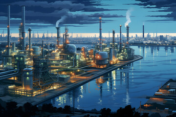 Fototapeta premium Illuminated industrial oil refinery complex at dusk with smoke emitting stacks