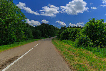 Road view on a summer day. Highways and cars, roadside and white road line markings.