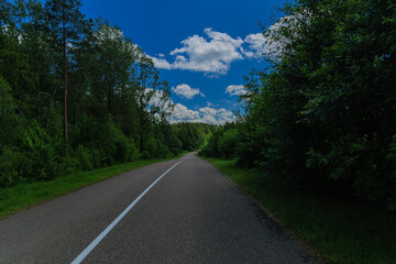 Road view on a summer day. Highways and cars, roadside and white road line markings.