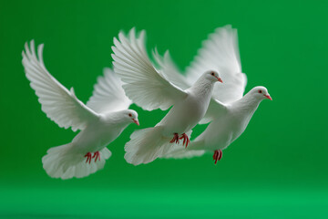 Obraz premium Three white doves gracefully soar through the air with their wings spread, set against a solid green background