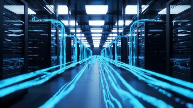 Futuristic server farm interior with light pulses running down cables
