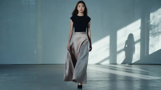 Elegant model walks gracefully in minimalist urban setting