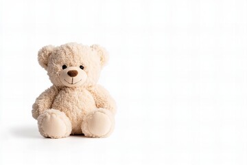 Obraz premium Adorable Beige Teddy Bear Plush Toy on White Background with Copy Space