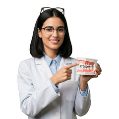 A smiling female dental professional wearing glasses and a white lab coat points to a realistic dental model isolated on transparent background