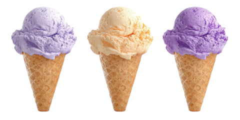 Three ice cream cones, two with light purple and one with light orange ice cream