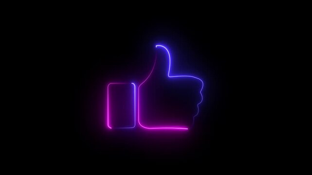 Glowing neon line Hand thumb up icon isolated Animated neon thumb up sign icon.Neon Outline Like Icon Animation Black Background. Neon thumb up like icon animation. animated like button motion graphic