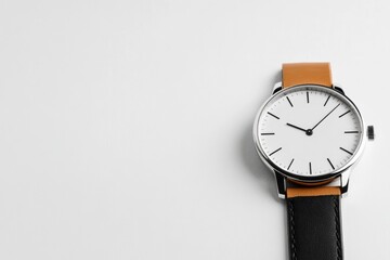Minimalist Wristwatch with Leather Strap on White Background