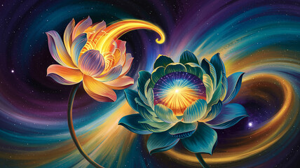 Vibrant lotus blossoms against swirling cosmic background, evoking peace, and spiritual growth