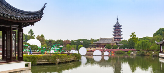 Panorama of historic buildings in the Panmen scenic area in Suzhou, China