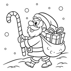 Santa Claus with gifts and candy cane outline line art doodle cartoon illustration. Winter Christmas theme coloring book page activity for kids and adults.