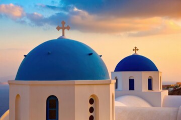 Iconic blue domed churches against a vibrant sunset sky