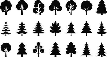 Collection of stylized tree silhouettes – pine, deciduous, and conifer shapes for nature, landscape, environmental, forestry, and design projects