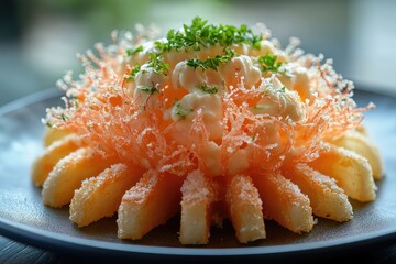 A serving of garlic parmesan fries, topped with fresh parsley and served with aioli