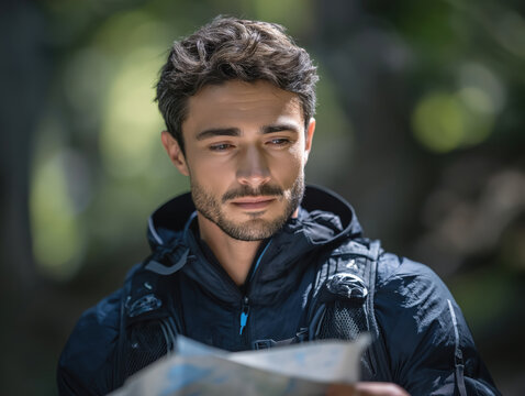 Young man with dark hair, wearing a black jacket, is studying a map in a lush forest, surrounded by greenery, showcasing outdoor adventure and exploration